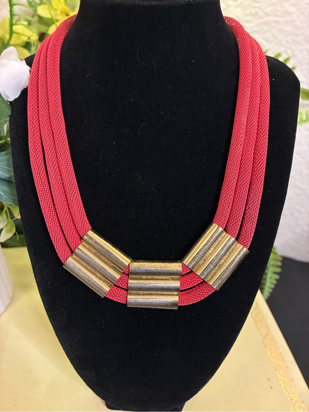 Mika Yoga Wear Red Multi-Strand Necklace with Antiqued Gold Tubes
